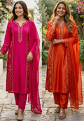 High-End Classic Placement Embroidery Work Russian Silk Straight Full Suit Set With Dupatta- 16300