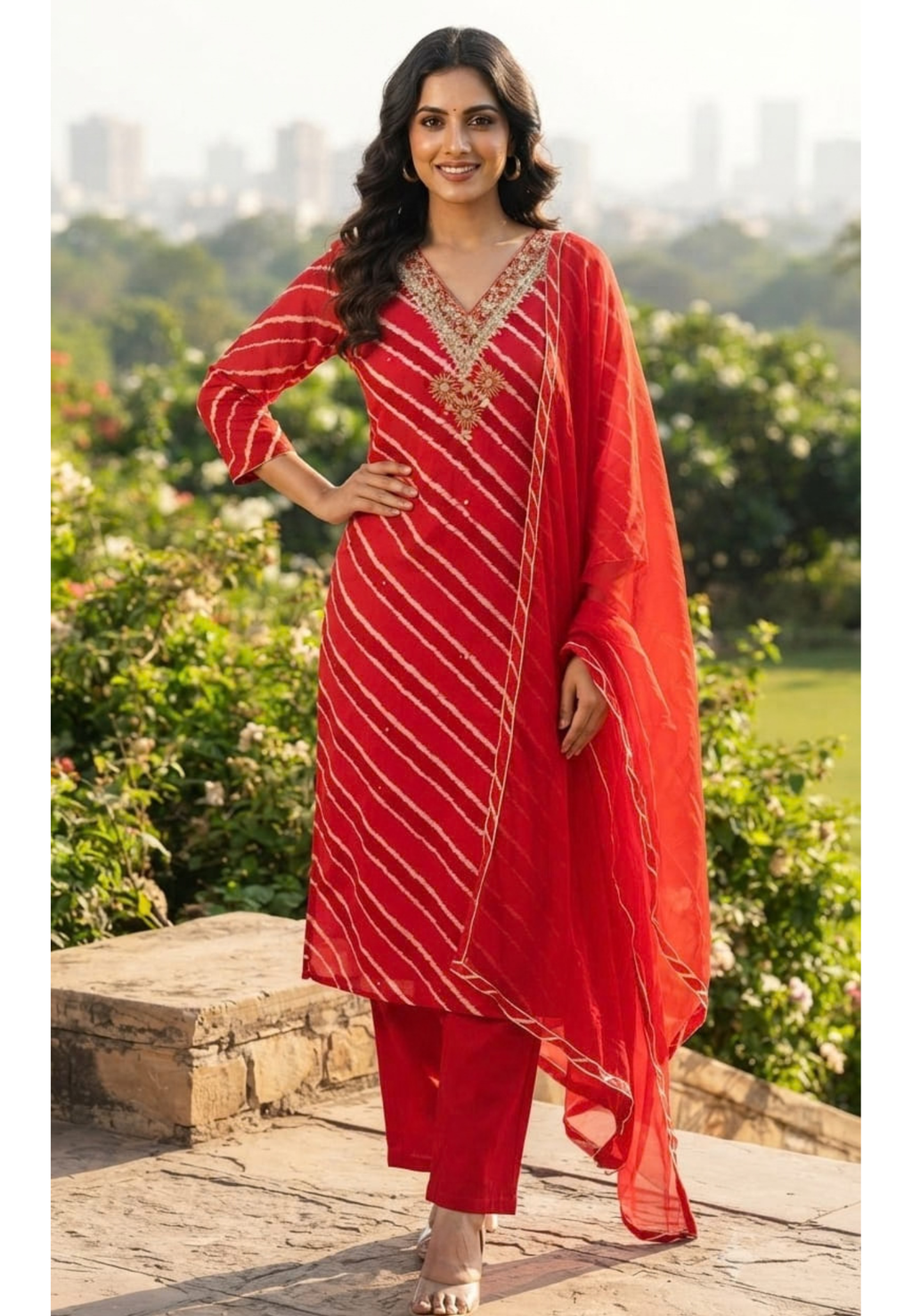 Leheriya Printed Chinon Full Suit Set With Dupatta with Intricate Gotta & Zari Embroidered V-Neckline- 15770