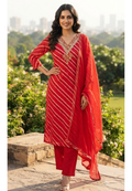 Leheriya Printed Chinon Full Suit Set With Dupatta with Intricate Gotta & Zari Embroidered V-Neckline- 15770