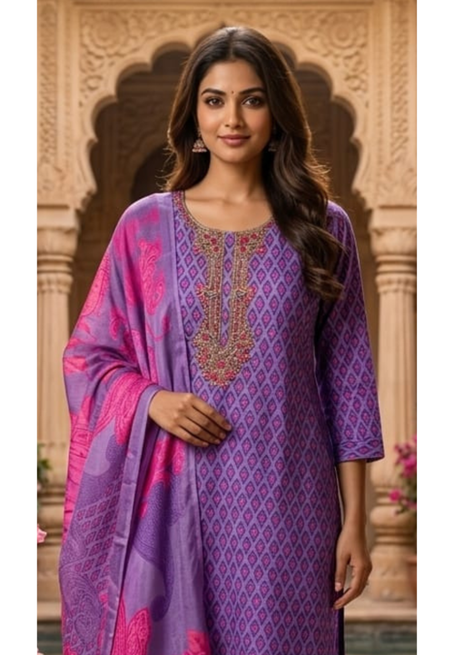 Detailed Floral Yoke Embroidery Lavender Purple Geometric Print Russian Silk Full Suit Set LEAN FIT(ADVISIBLE NEXT SIZE)