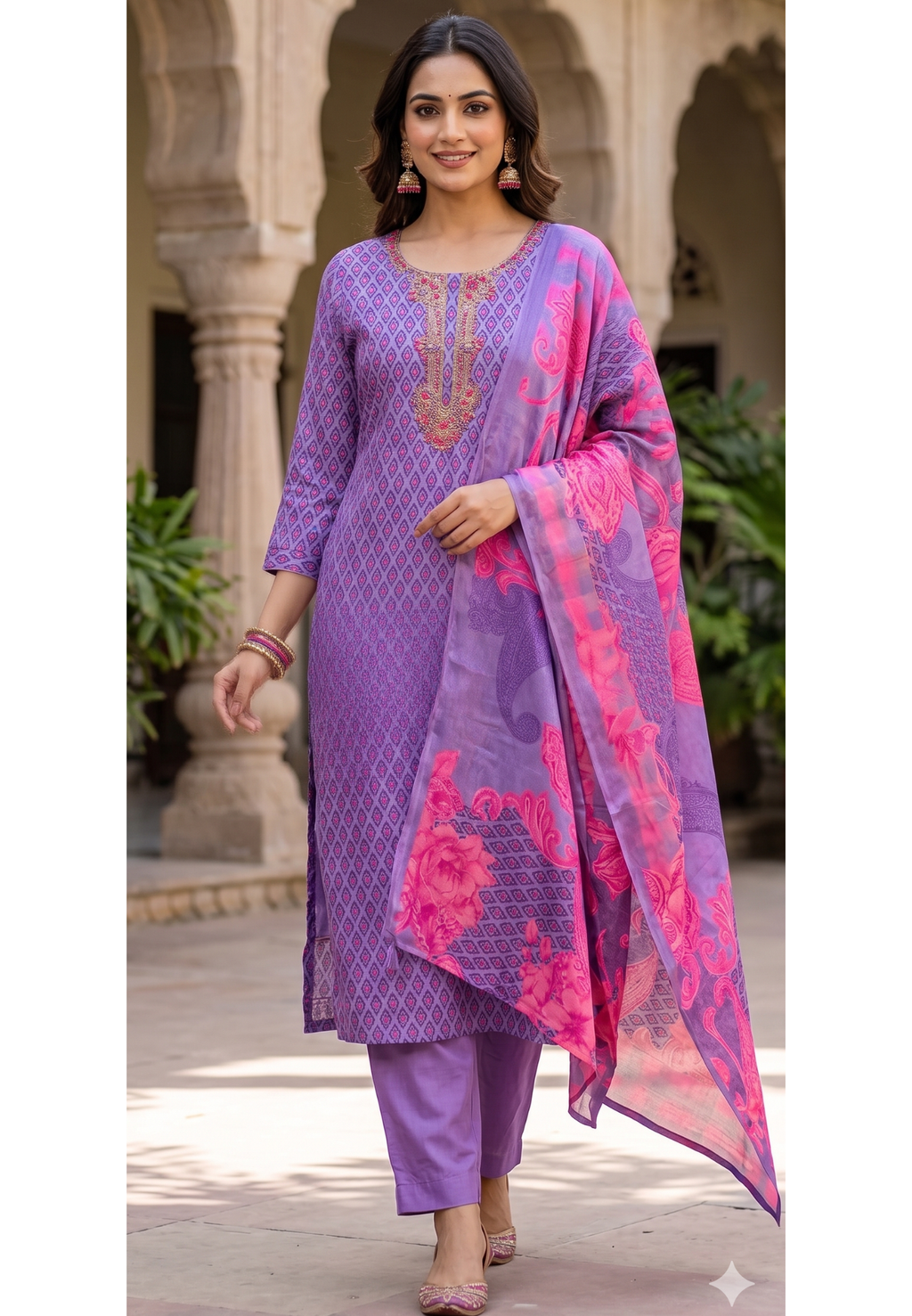 Detailed Floral Yoke Embroidery Lavender Purple Geometric Print Russian Silk Full Suit Set LEAN FIT(ADVISIBLE NEXT SIZE)