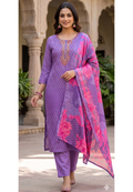 Detailed Floral Yoke Embroidery Lavender Purple Geometric Print Russian Silk Full Suit Set LEAN FIT(ADVISIBLE NEXT SIZE)
