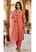 Tissue Elegance Golden Classic Striped Full Suit Set With Dupatta & Embellished Neckline LEAN FIT(ADVISIBLE NEXT SIZE)