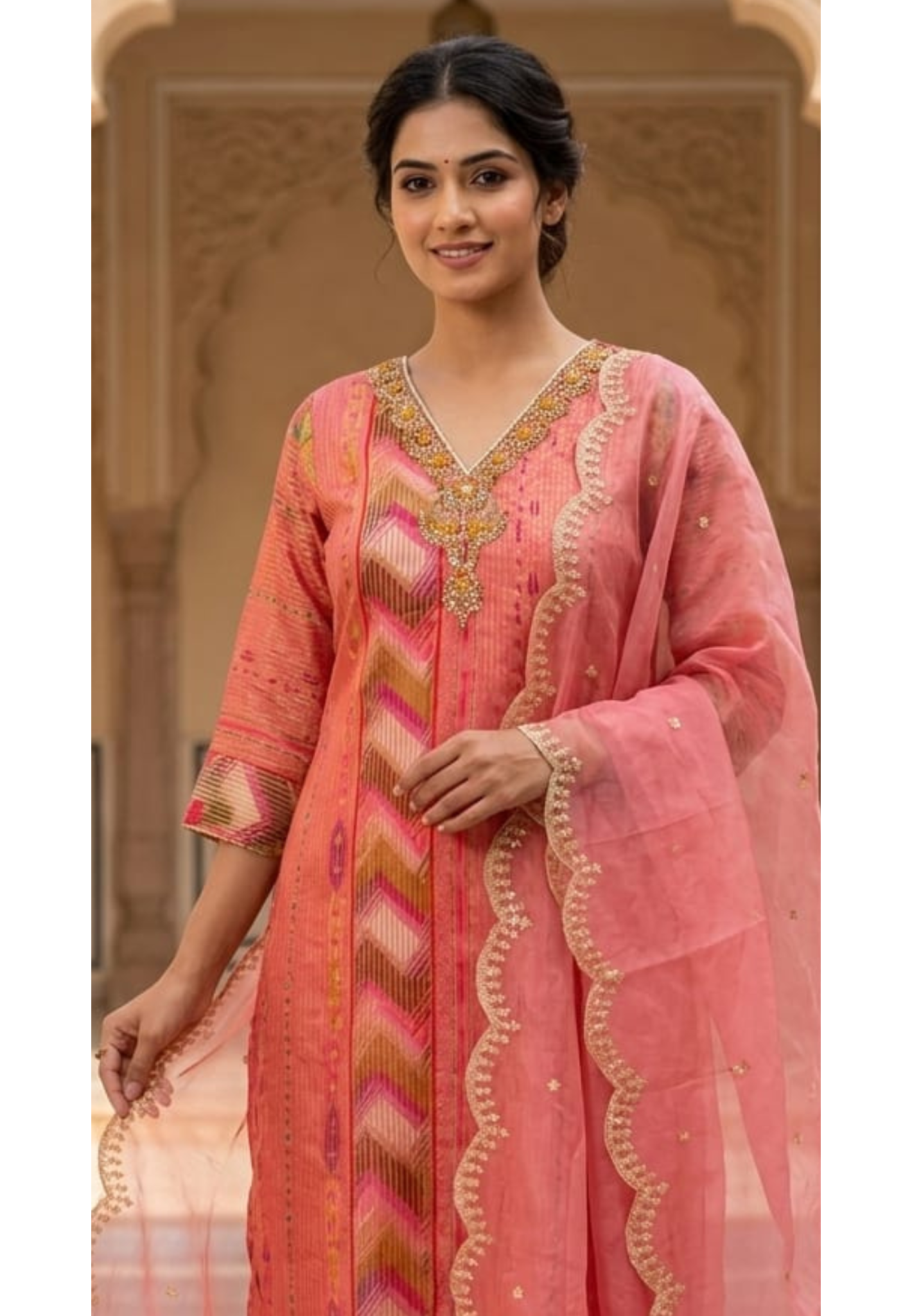 Tissue Elegance Golden Classic Striped Full Suit Set With Dupatta & Embellished Neckline LEAN FIT(ADVISIBLE NEXT SIZE)