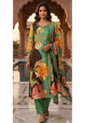Green & Charcoal Dual-Tone Floral Abstract Print Kurta Set with Hand-Embellished Border-LEAN FIT(ADVISIBLE NEXT SIZE)