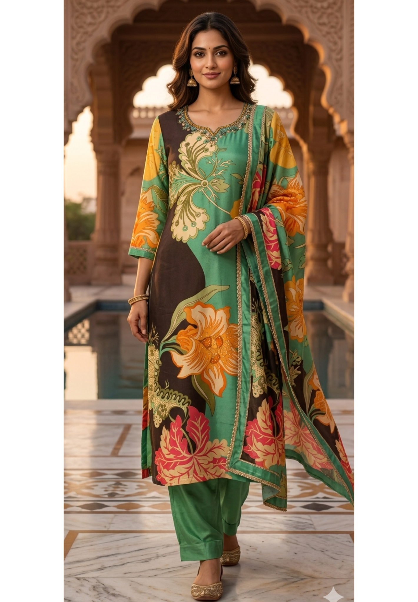 Green & Charcoal Dual-Tone Floral Abstract Print Kurta Set with Hand-Embellished Border-LEAN FIT(ADVISIBLE NEXT SIZE)