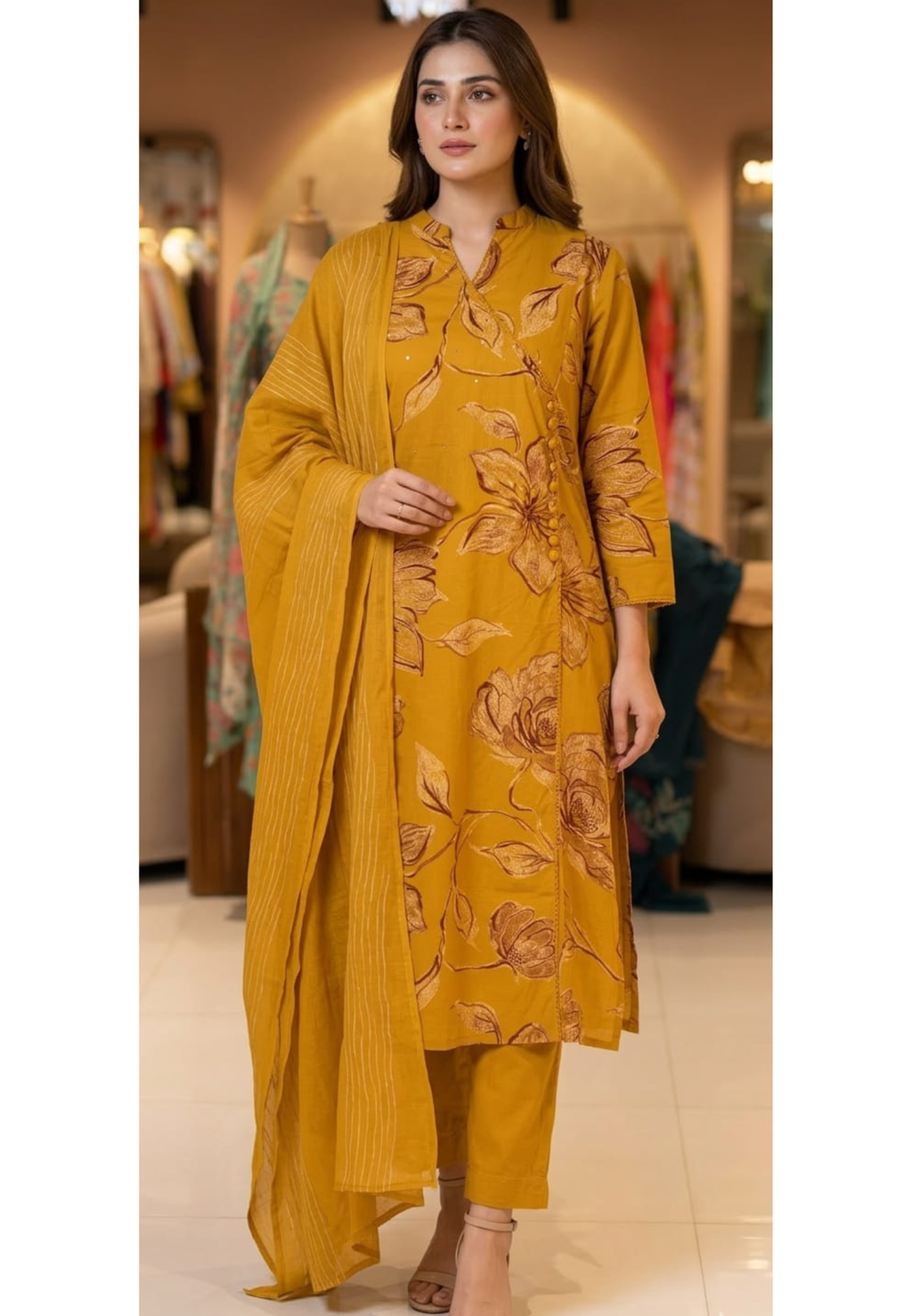 Printed Cotton Full Suit Set in Angrakha Pattern W15