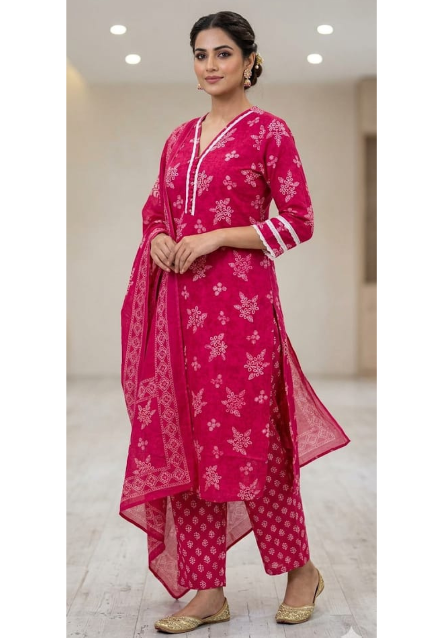 Printed Cotton Full Suit Set Neck line Work W14