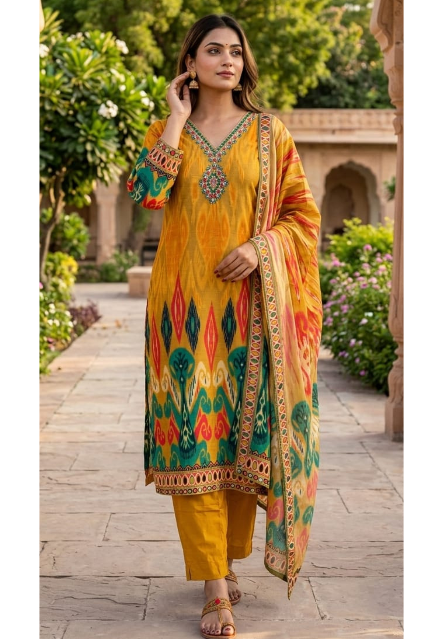 Intricate Zardosi & Stone Work Radiant Mustard Yellow Vibrant Ikat Print Russian Silk Full Suit Set with Dupatta-LEAN FIT(ADVISIBLE NEXT SIZE)