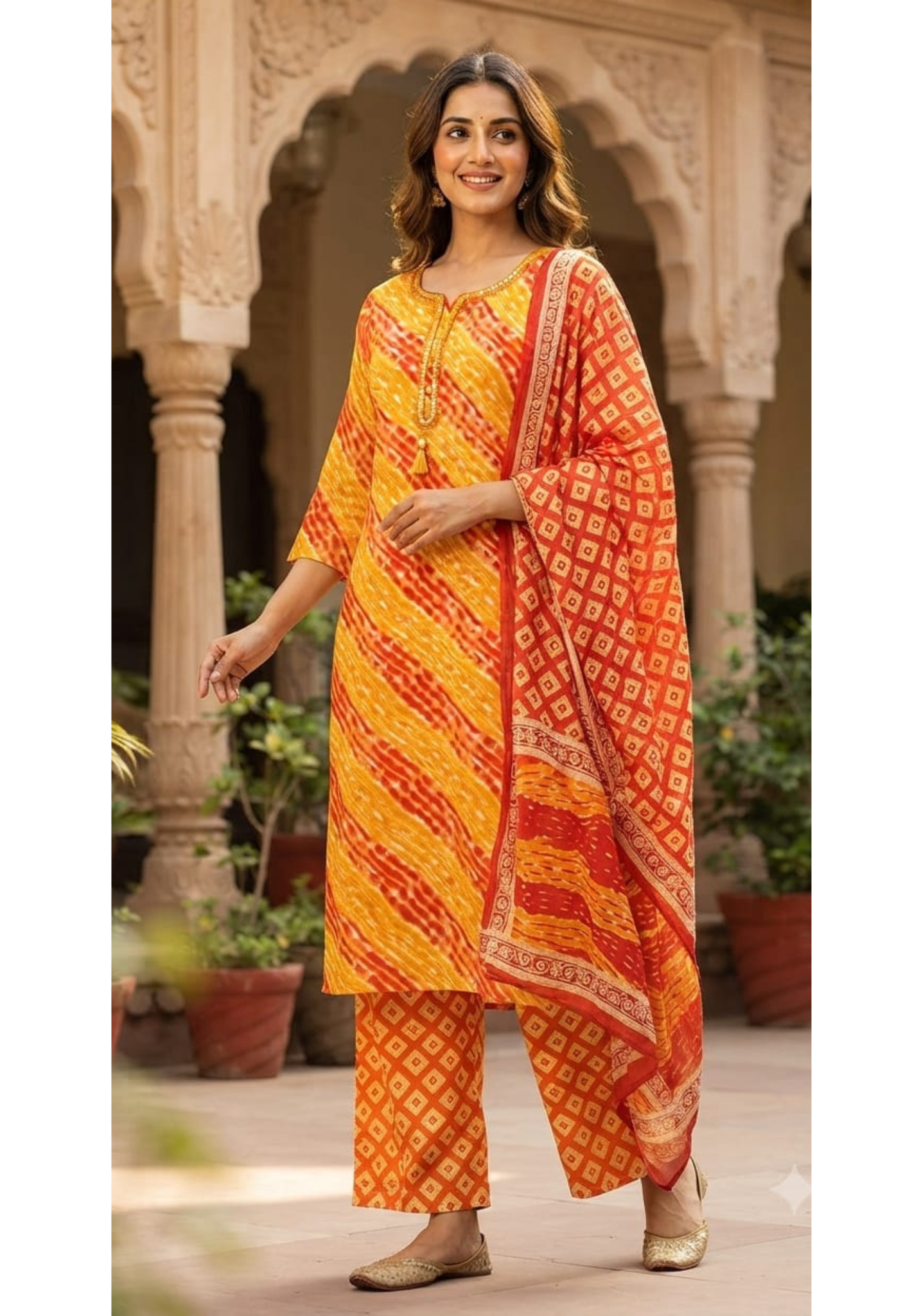 Premium Cotton Leheriya Bandhani Print Kurta Set with Matching Dupatta and Bottom-15474
