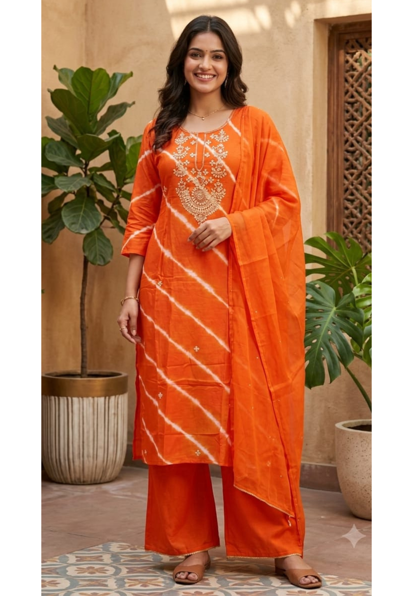 Russian Silk Orange Lehriya Embroidered Yoke Full Suit Set With Dupatta- 15600