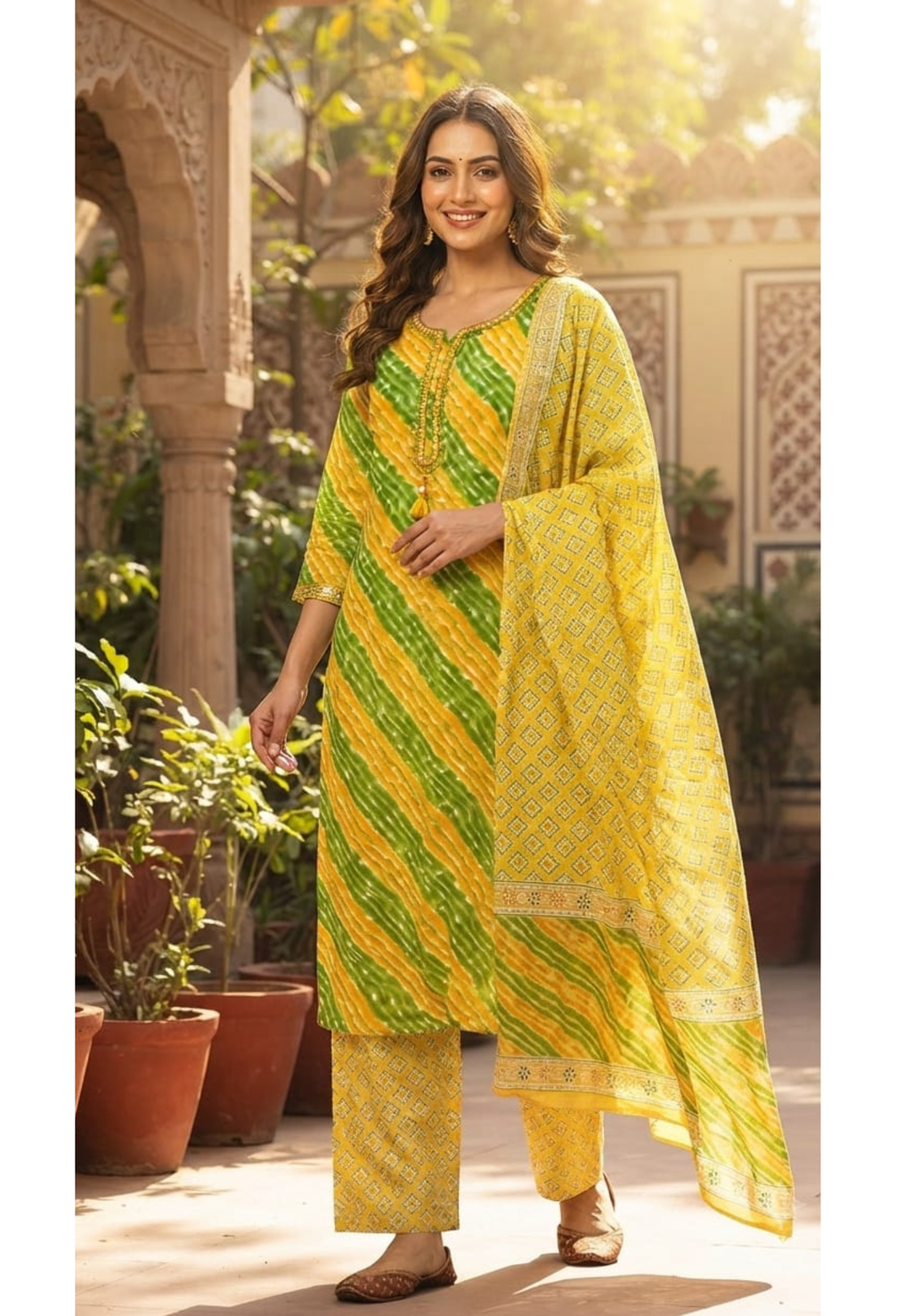 Premium Cotton Leheriya Bandhani Print Kurta Set with Matching Dupatta and Bottom-15474