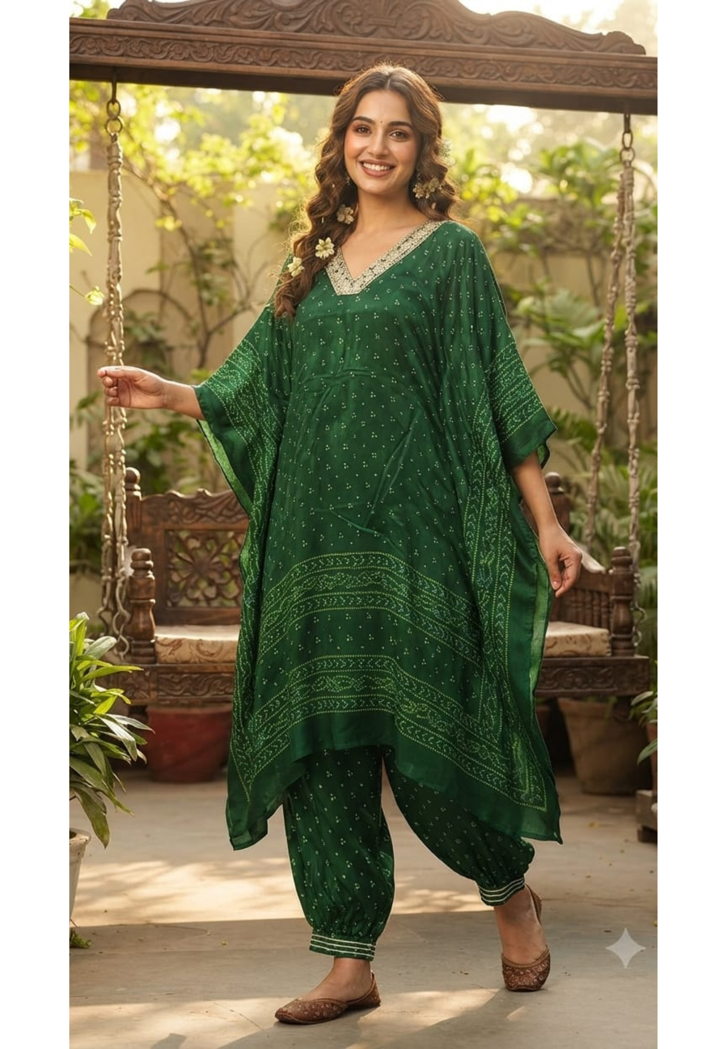 Embellished V-Neck Premium Semi Chinon Bandhani Print Kaftan Set with Balloon Pant- 15486