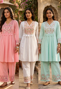 Gathered Daisy Floral Embroidered Yoke Peplum Kurta With Loose Bottom Set In Cotton Fabric- 15483