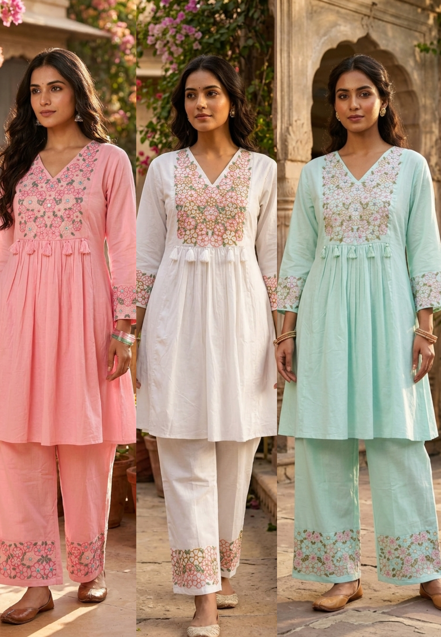 Gathered Daisy Floral Embroidered Yoke Peplum Kurta With Loose Bottom Set In Cotton Fabric- 15483