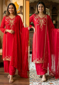 Premium Vibrant Floral Gold Zari Work Chinon Straight Full Suit Set with Palazzo and Matching Dupatta Set- 16312