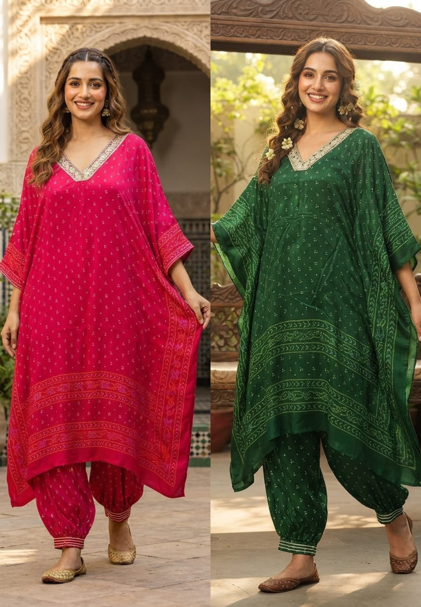 Embellished V-Neck Premium Semi Chinon Bandhani Print Kaftan Set with Balloon Pant- 15486