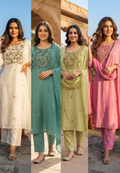 Surat Mulchanderi Rose Floral Embroidered Blush Pink Yoke Work Kurta Pant With Dupatta Set-