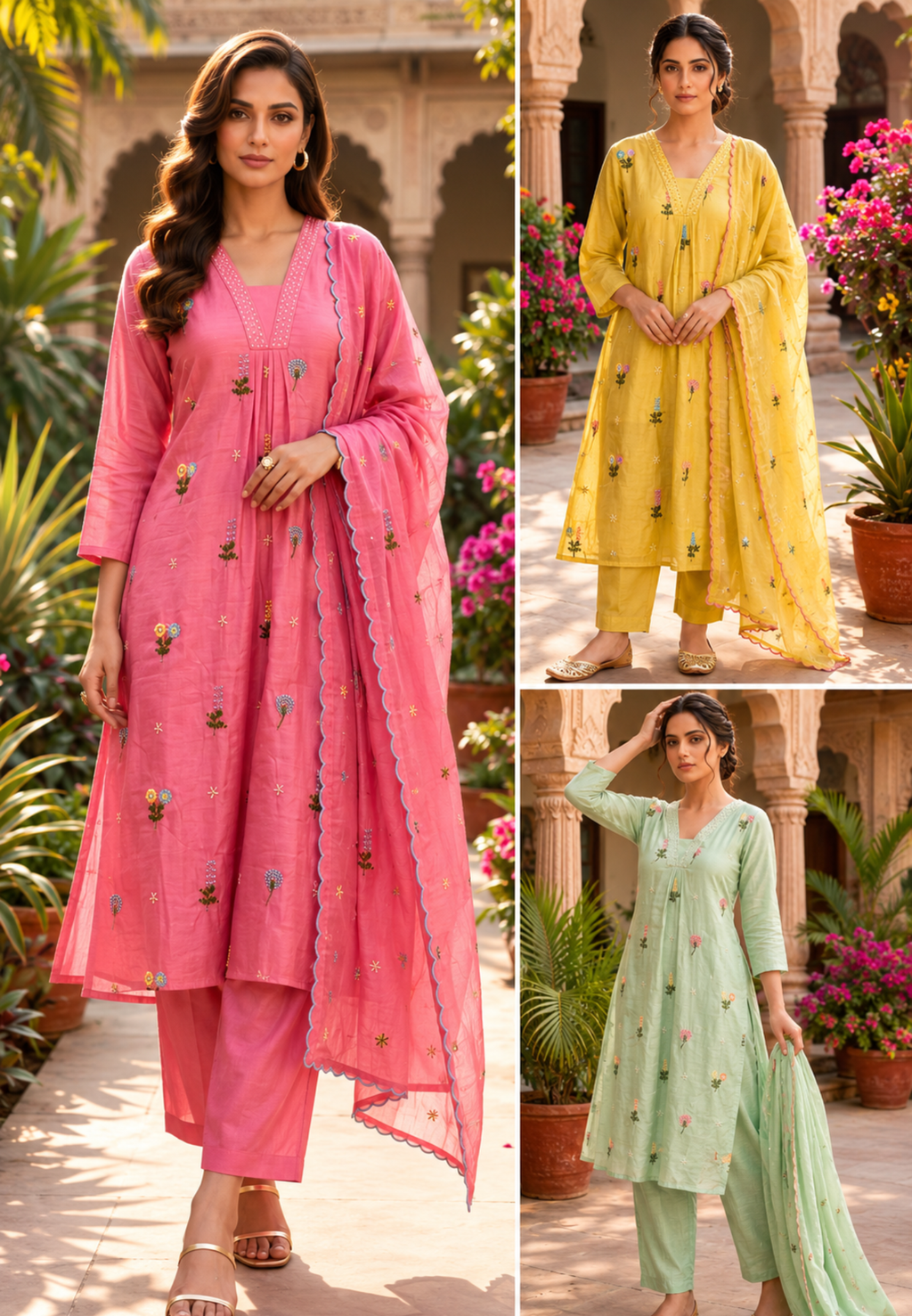 A-Line Surat Mul Chanderi Full Suit with Floral Embroidery-15116