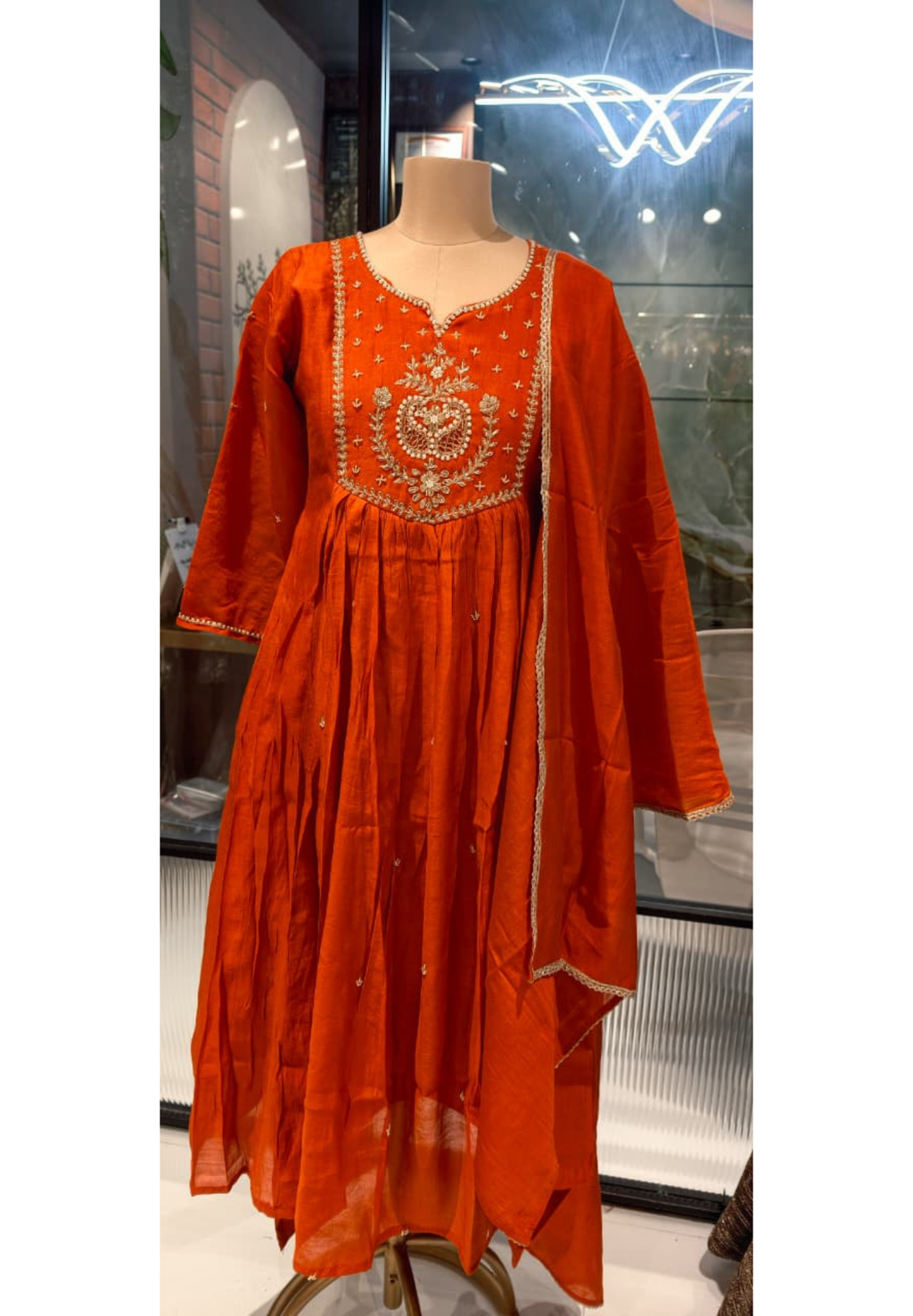 Rust Orange Cotton Blend Embroidered Flared Aline Kurta with 3/4 Sleeves full suit -15157
