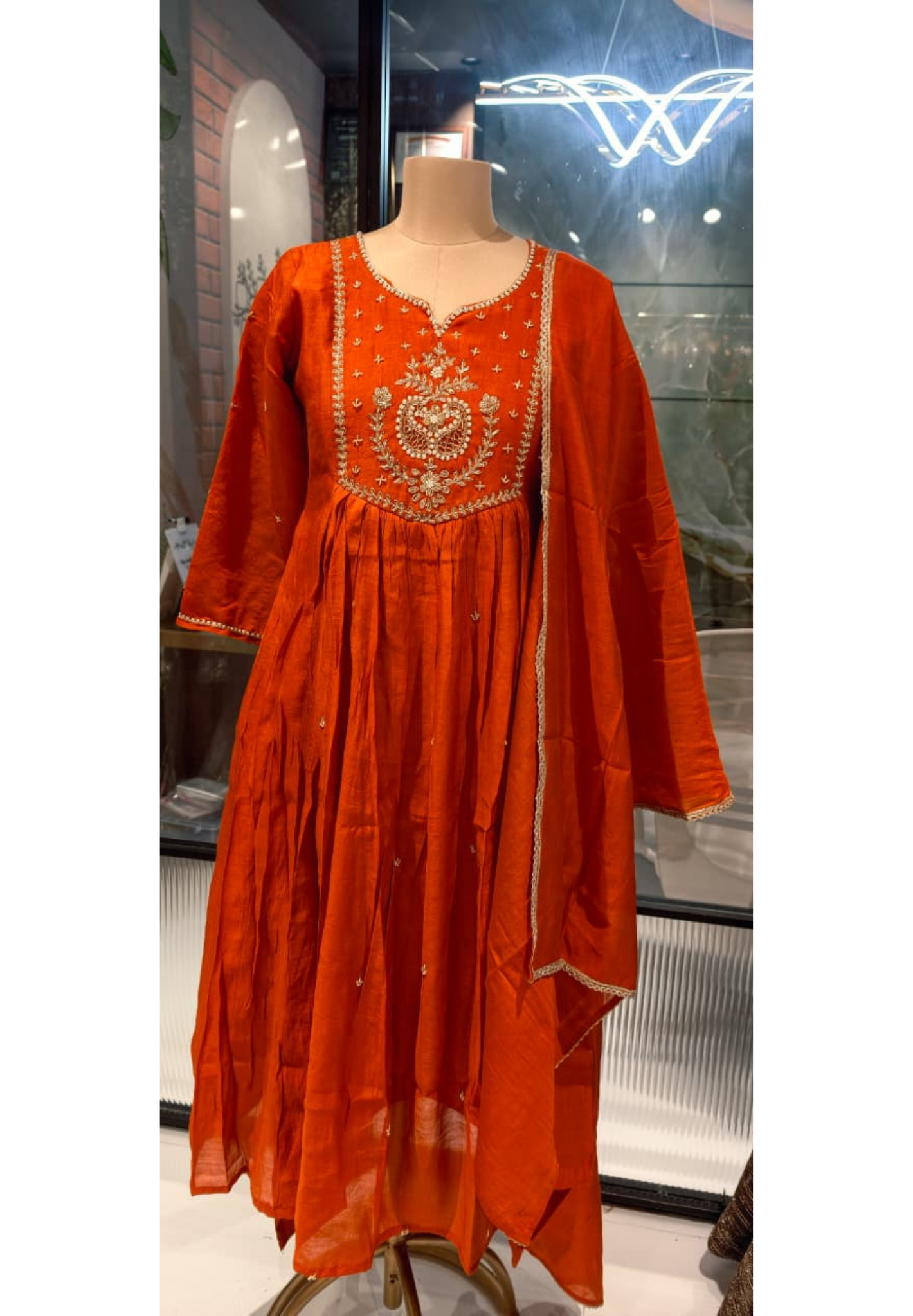 Rust Orange Cotton Blend Embroidered Flared Aline Kurta with 3/4 Sleeves full suit -15157