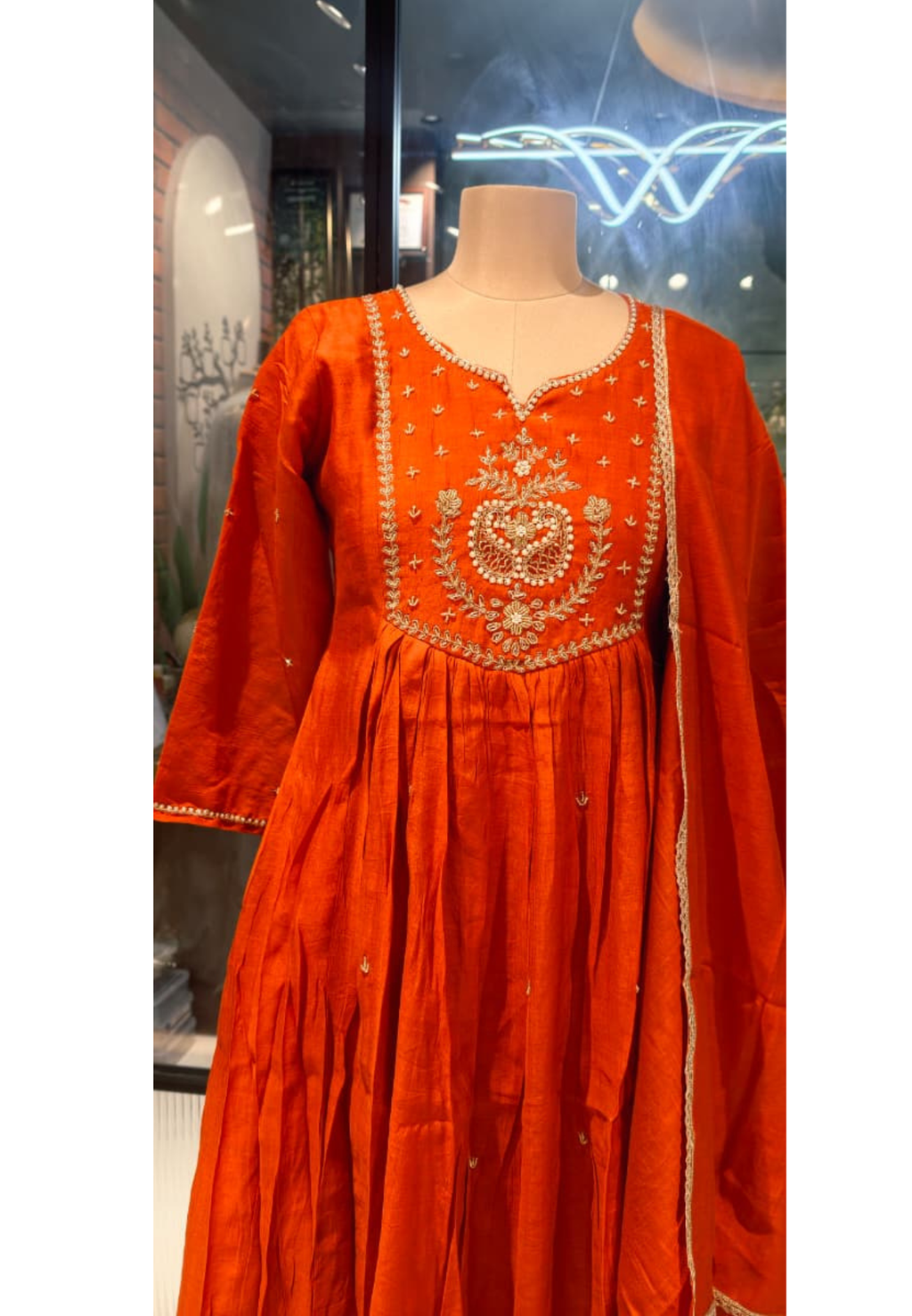 Rust Orange Cotton Blend Embroidered Flared Aline Kurta with 3/4 Sleeves full suit -15157