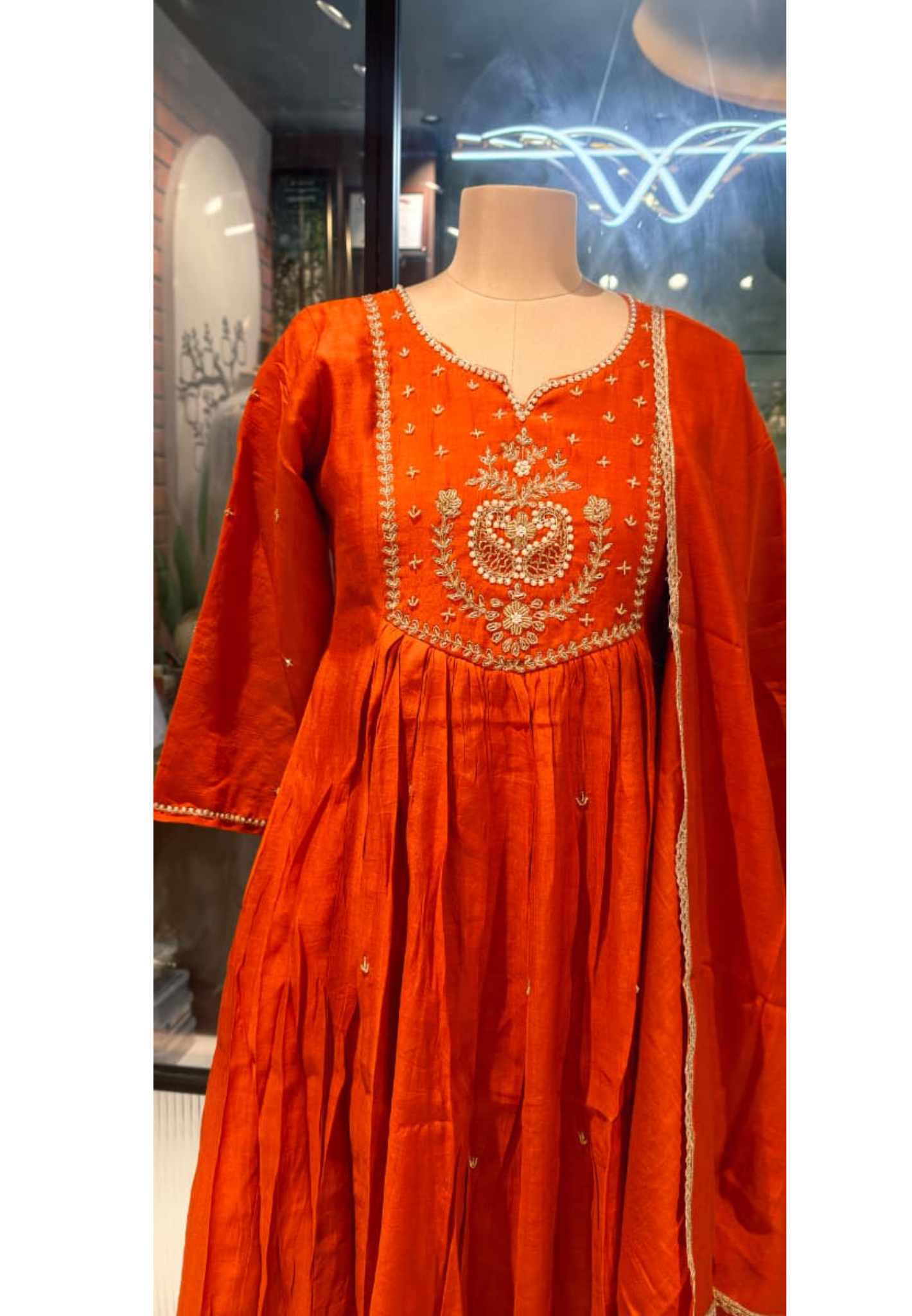 Rust Orange Cotton Blend Embroidered Flared Aline Kurta with 3/4 Sleeves full suit -15157