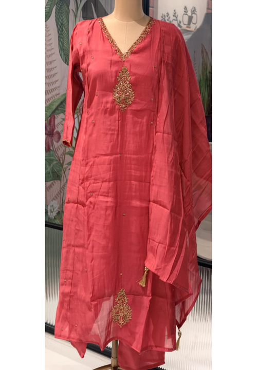 A-Line Kurta Pant & Dupatta Premium Surat Mulchanderi Embroidered Full Suit