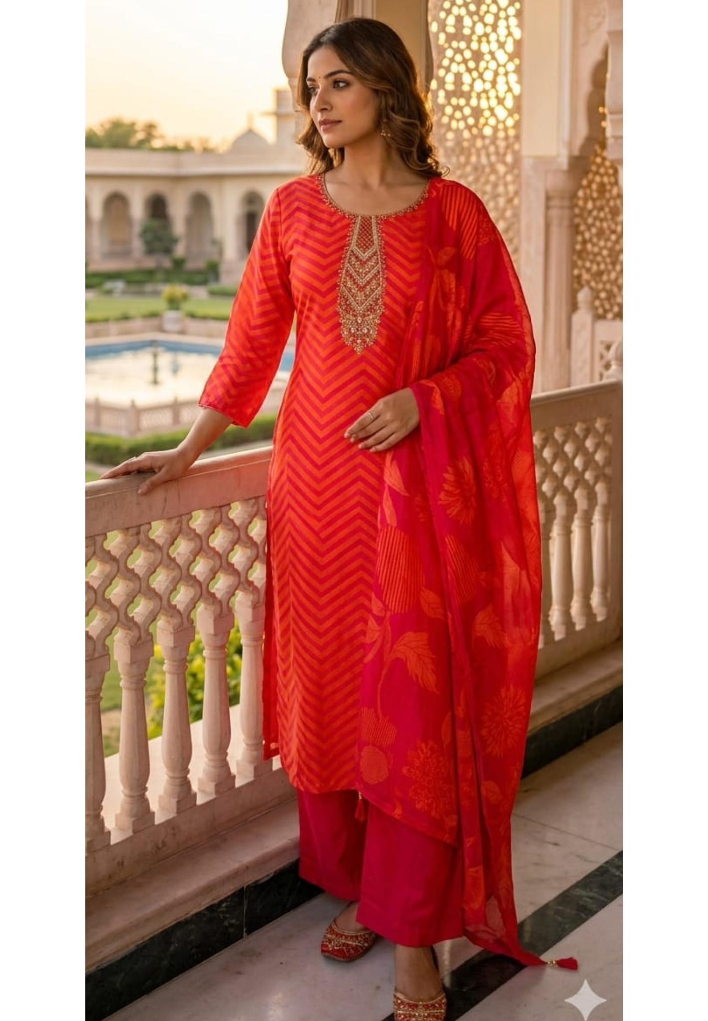 Sunset Crimson Festive Leheriya Full Suit Set with Premium Hand-Crafted Neckline-LEAN FIT(ADVISIBLE NEXT SIZE)