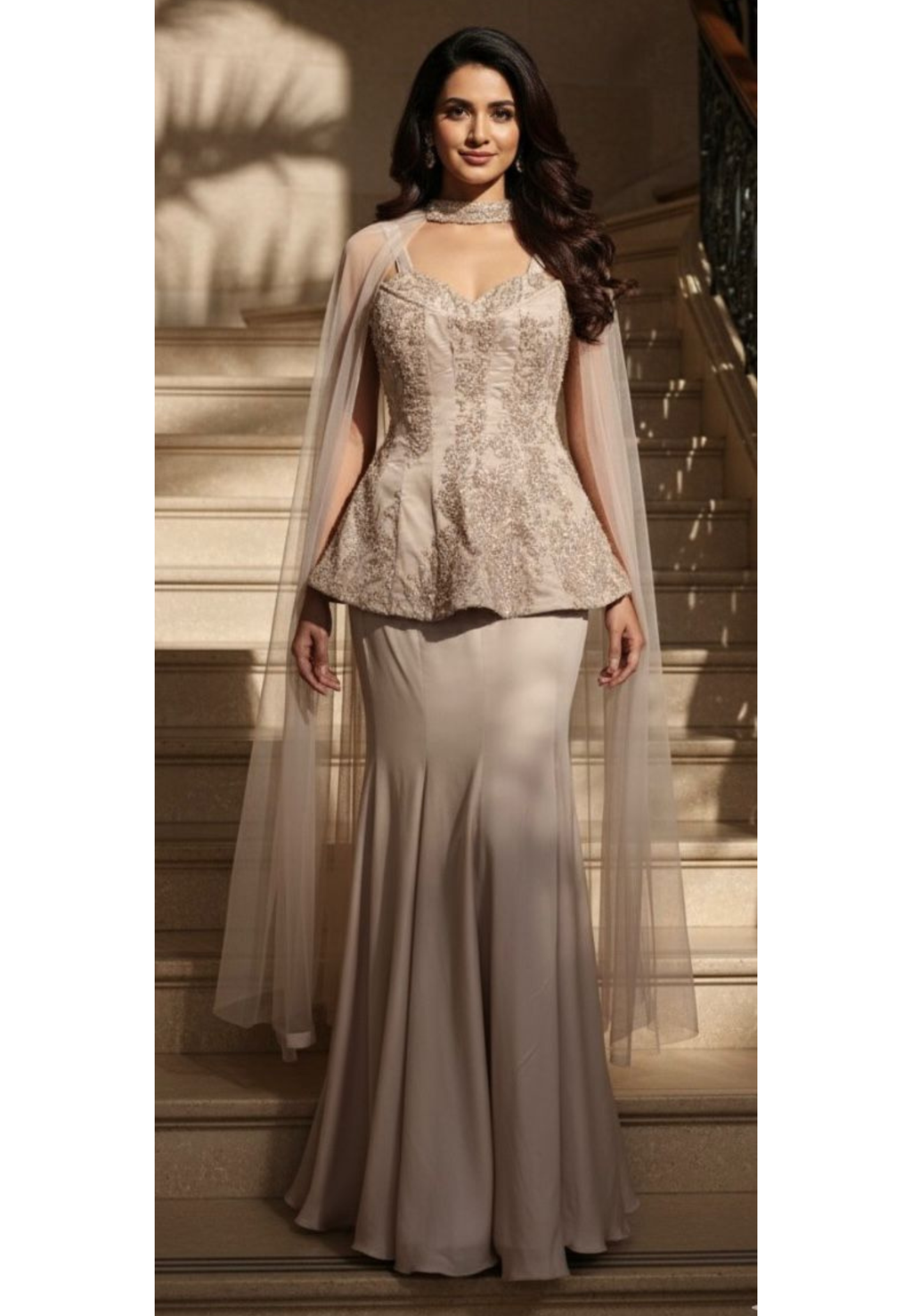 Champagne Nude Peplum Padded Top and Skirt Set With Hand-Embroidered Choker Dupatta RB94