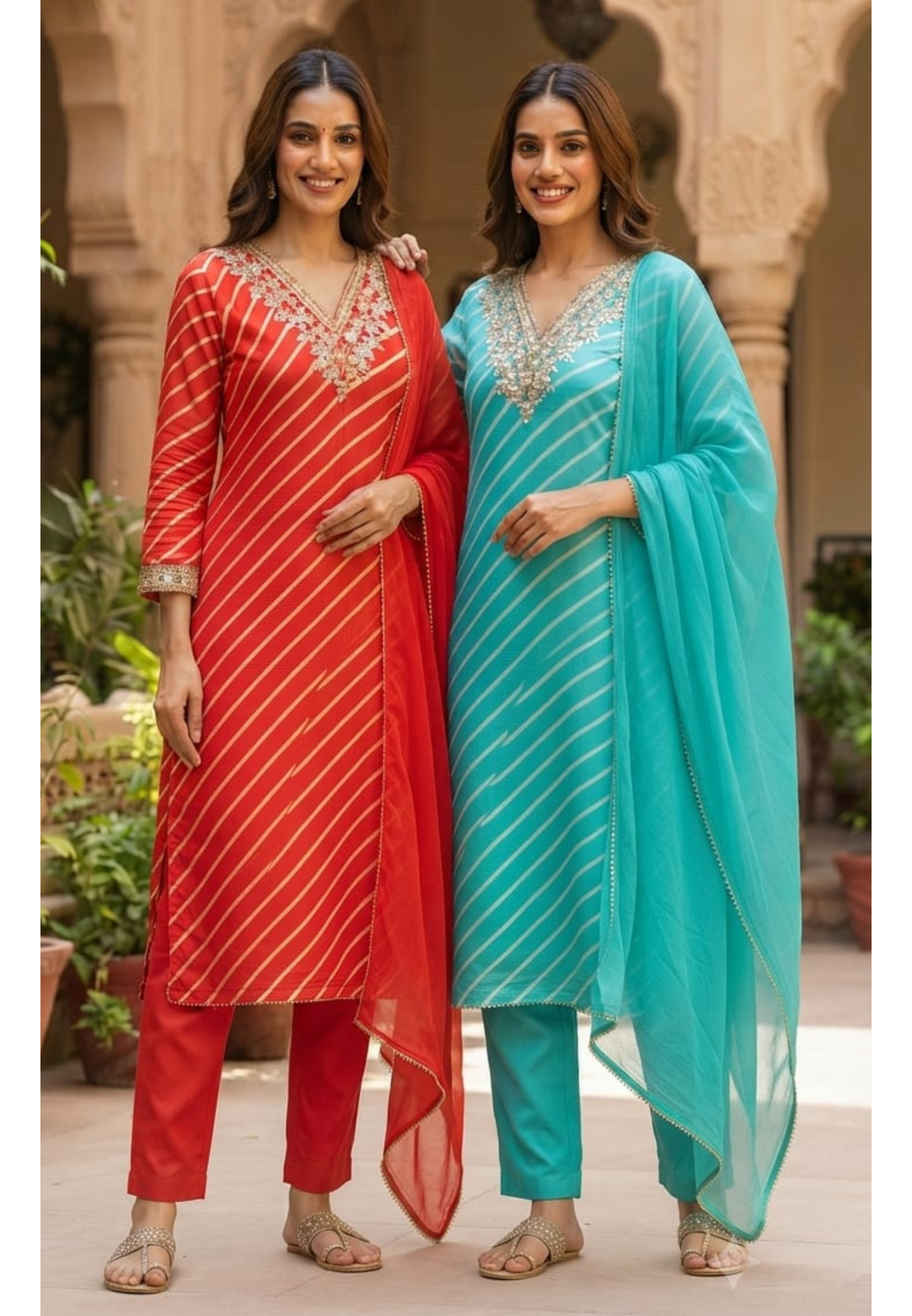 Festive Gotta Patti V-Neck Lehriya Full Suit Set With Dupatta In Chinon Fabric- 15607