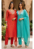 Festive Gotta Patti V-Neck Lehriya Full Suit Set With Dupatta In Chinon Fabric- 15607