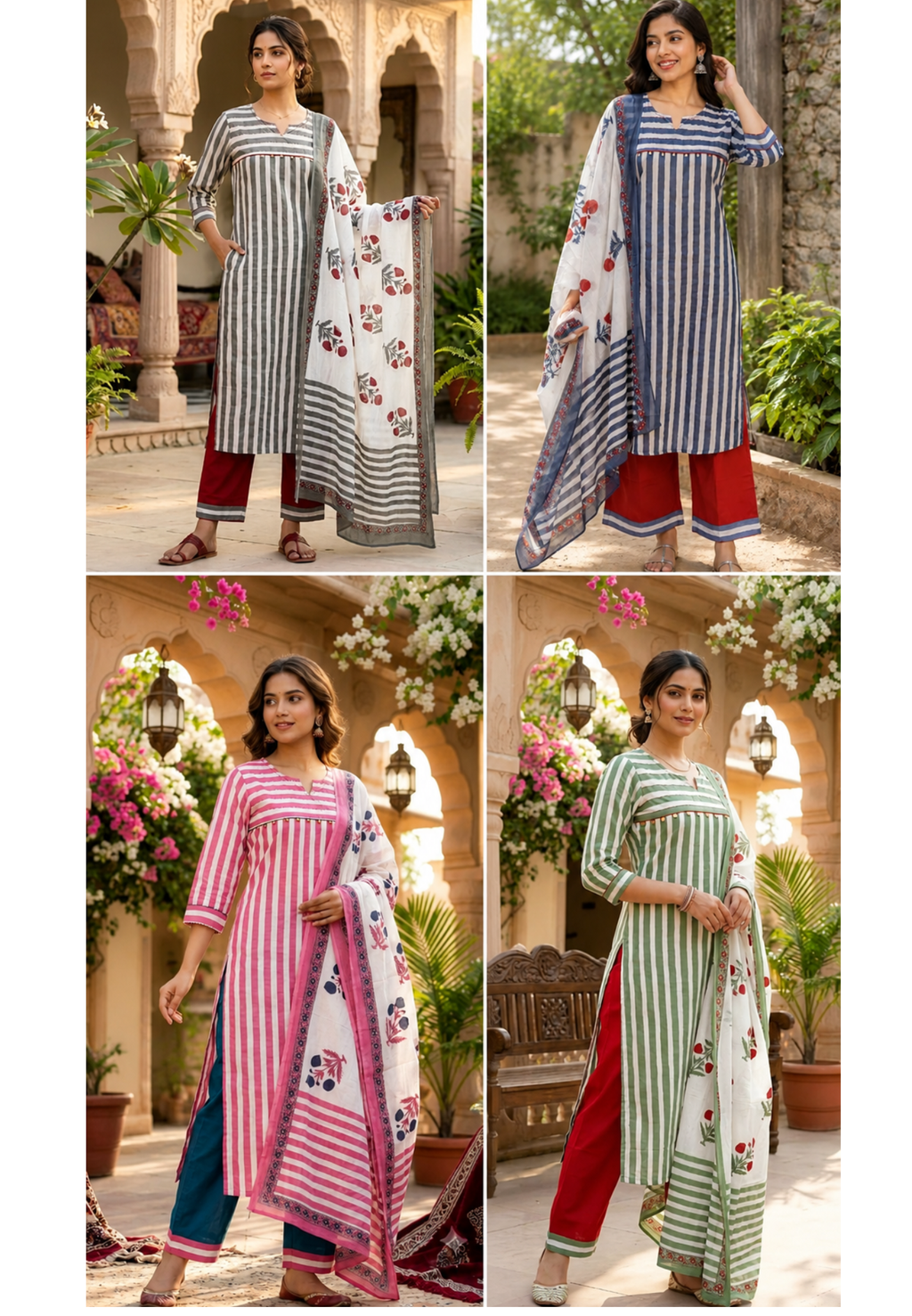 Striped Pure Cotton Long Kurta Full Suit Set with Floral Printed Dupatta-15174