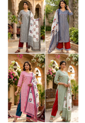Striped Pure Cotton Long Kurta Full Suit Set with Floral Printed Dupatta-15174