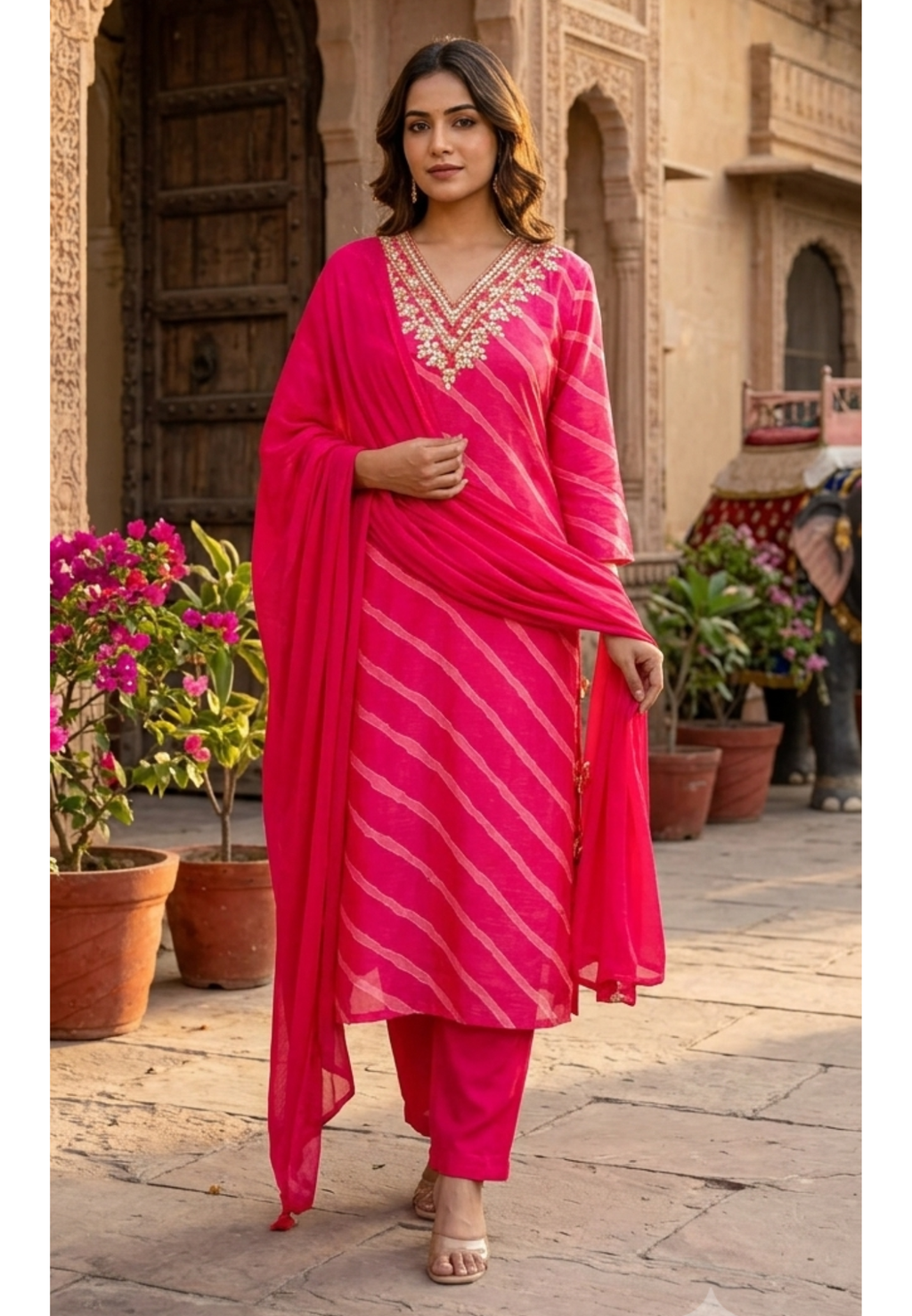 Fuschia Elegance Lehriya Printed Gotta Neckline Russian Silk Full Suit Set With Dupatta- 15607