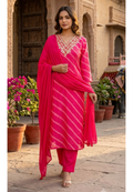 Fuschia Elegance Lehriya Printed Gotta Neckline Russian Silk Full Suit Set With Dupatta- 15607