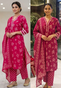 Printed Cotton Full Suit Set Neck line Work W14