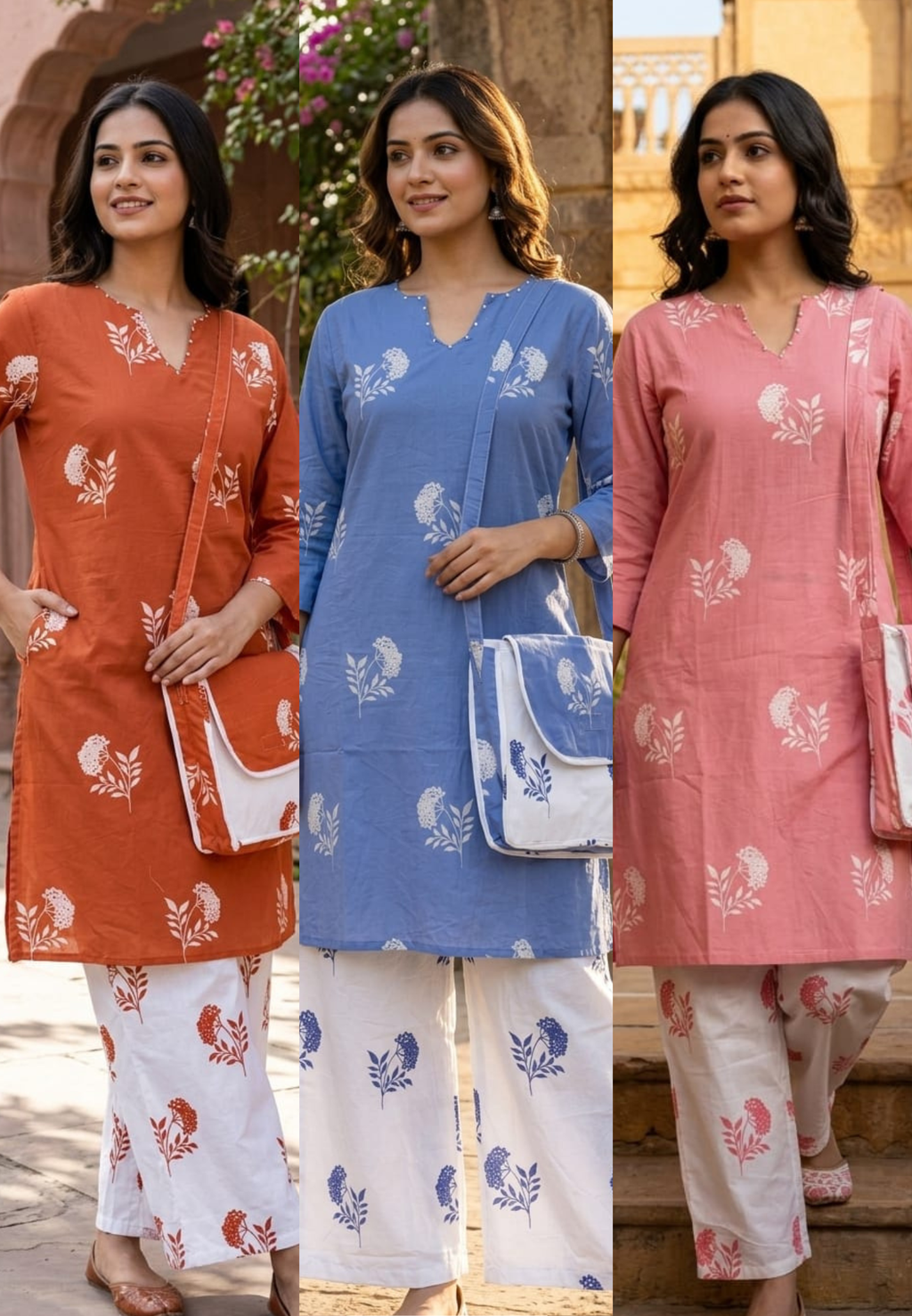 Floral Block Print Dual Color Cotton Co-ord Set with Matching Bag- 14901