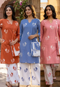 Floral Block Print Dual Color Cotton Co-ord Set with Matching Bag- 14901