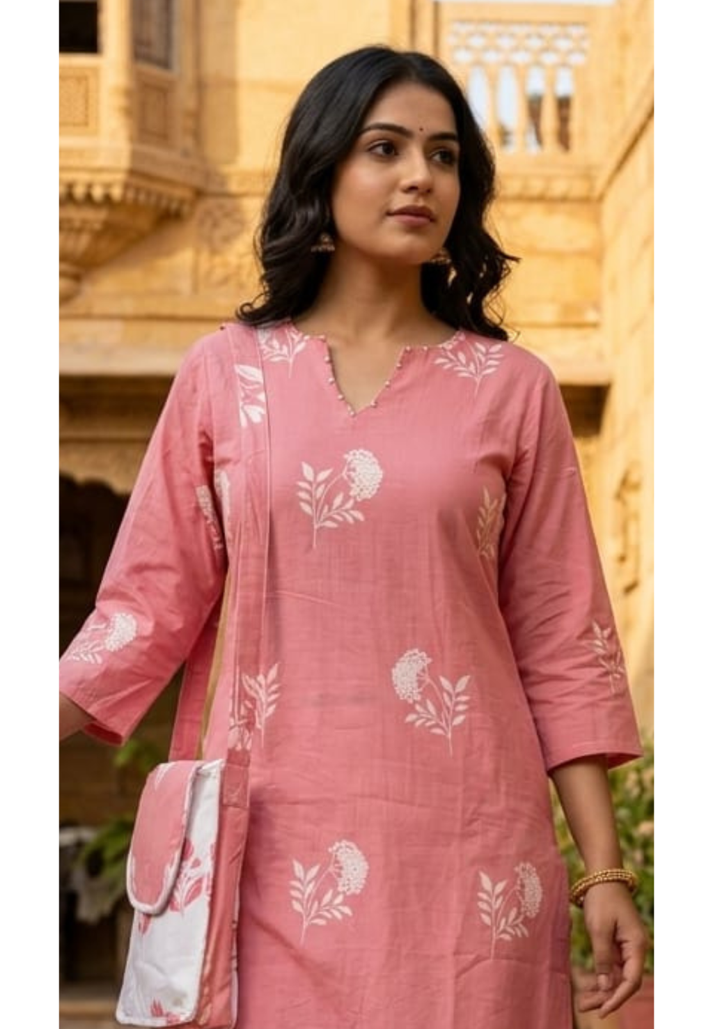 Floral Block Print Dual Color Cotton Co-ord Set with Matching Bag- 14901