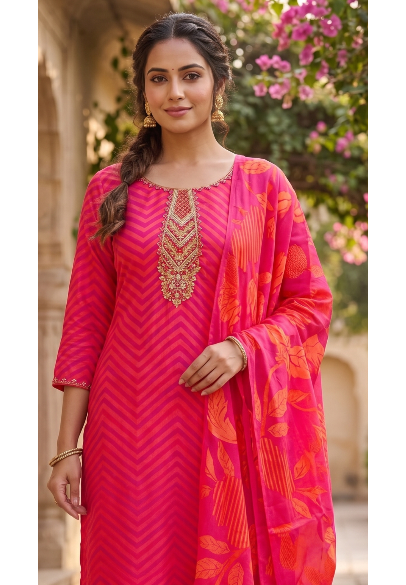Sunset Crimson Festive Leheriya Full Suit Set with Premium Hand-Crafted Neckline-LEAN FIT(ADVISIBLE NEXT SIZE)
