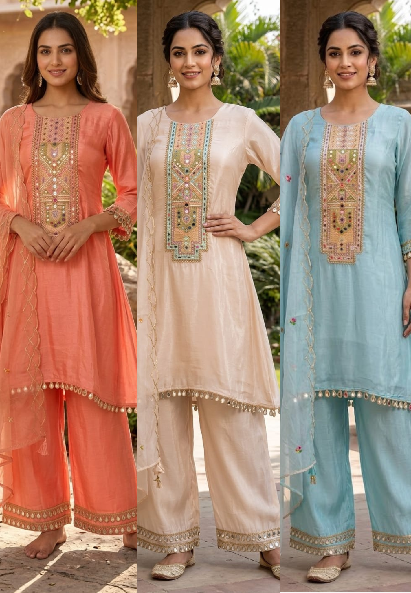 Royal Multicolor Yoke With Real Mirror Touch A-Line Full Suit Set With Dupatta In HO Silk Fabric- 14074 W45