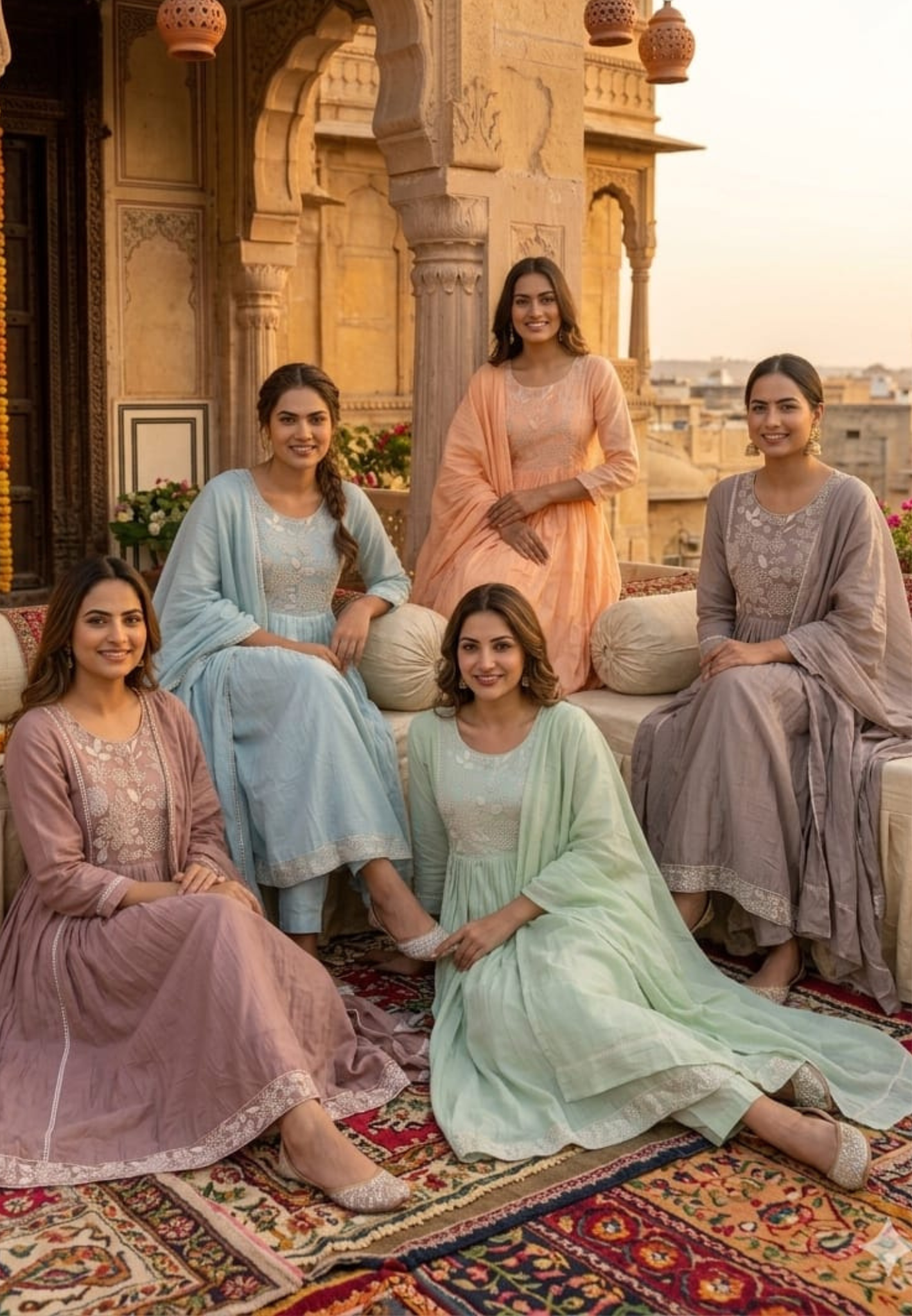 Dusty Pastel Hand-Embroidered Yoke Surat Mul-Chanderi Anarkali Full Suit set With Dupatta