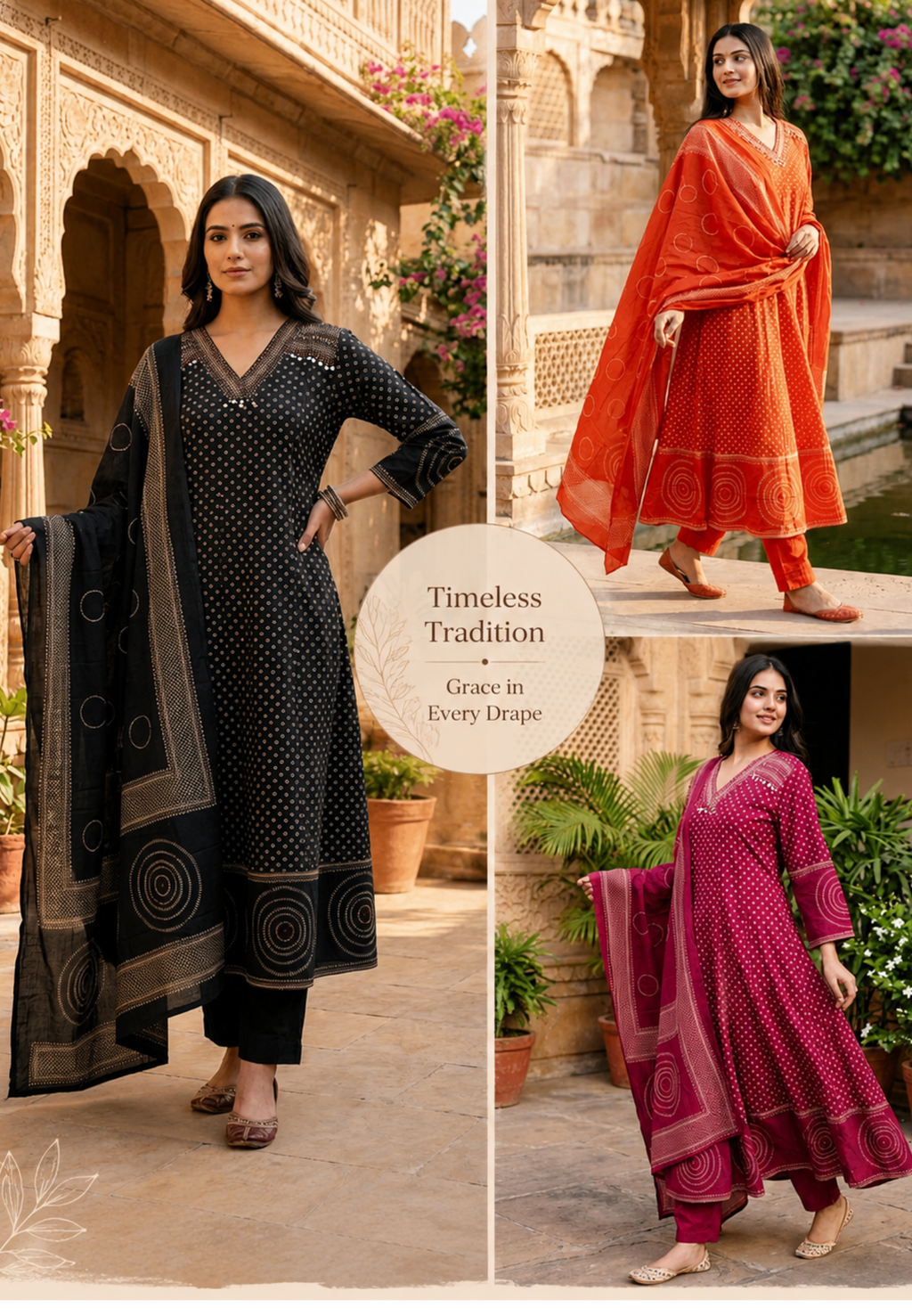 Tiny Block Prints V-Neck Panel Anarkali Full Suit Set With Dupatta In Cotton Fabric- 14902