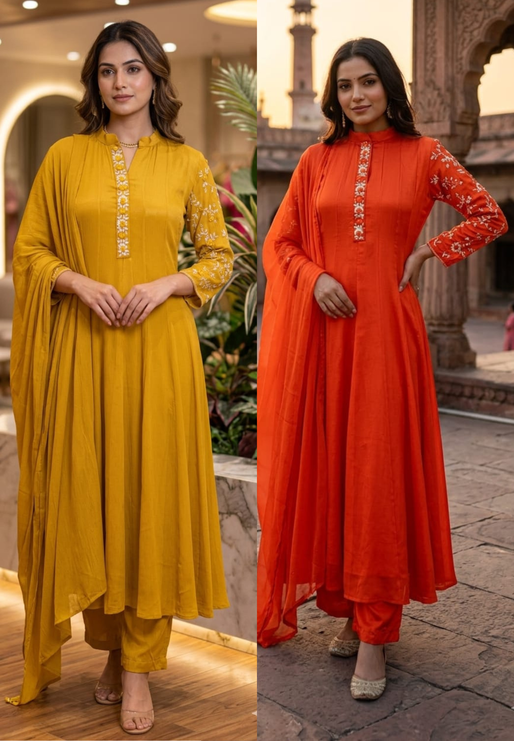 Minimal Sequin Heavy Embroidery Work In Sleeve Solid Chinon Anarkali Full Suit 14008 W50