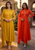 Minimal Sequin Heavy Embroidery Work In Sleeve Solid Chinon Anarkali Full Suit 14008 W50