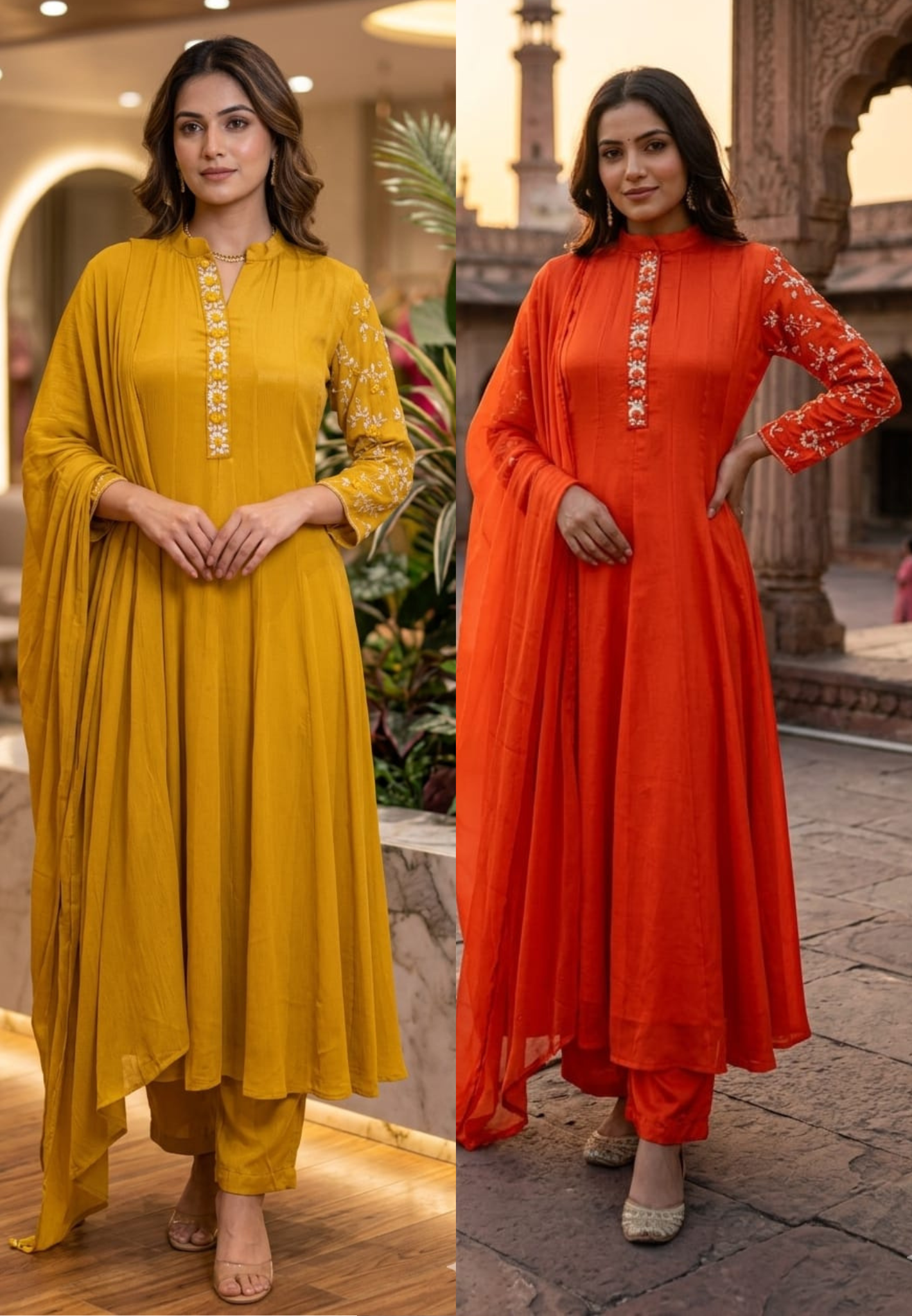 Minimal Sequin Heavy Embroidery Work In Sleeve Solid Chinon Anarkali Full Suit 14008 W50