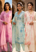 Floral Popped Embroidered Neckline Rosy Petal Printed Full Suit Set WIth Dupatta In HO Silk Fabric- 14791