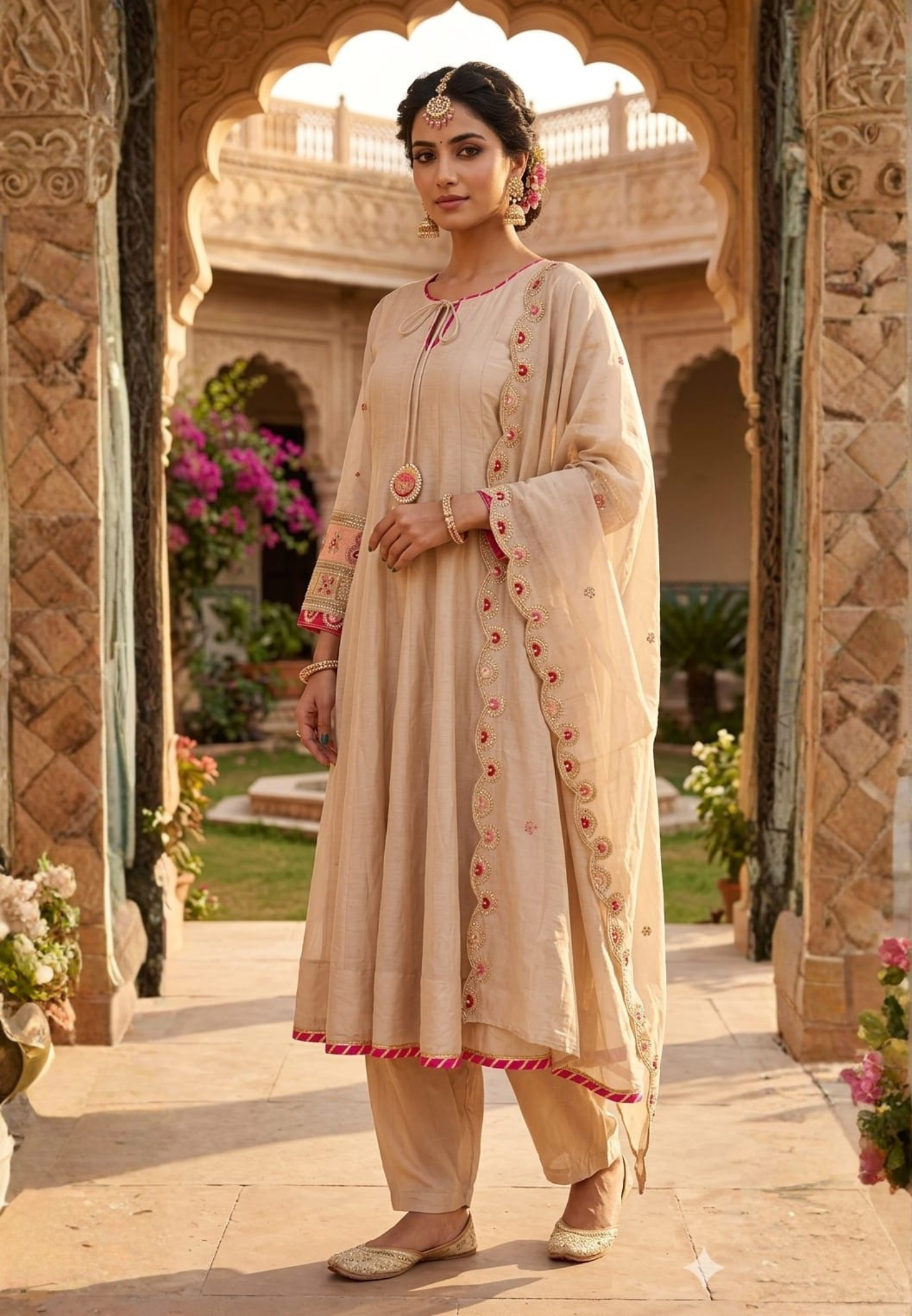 Metallic Taupe Gracious Work Sleeve Panel Anarkali Full Suit Set With Dupatta- 14078 W38