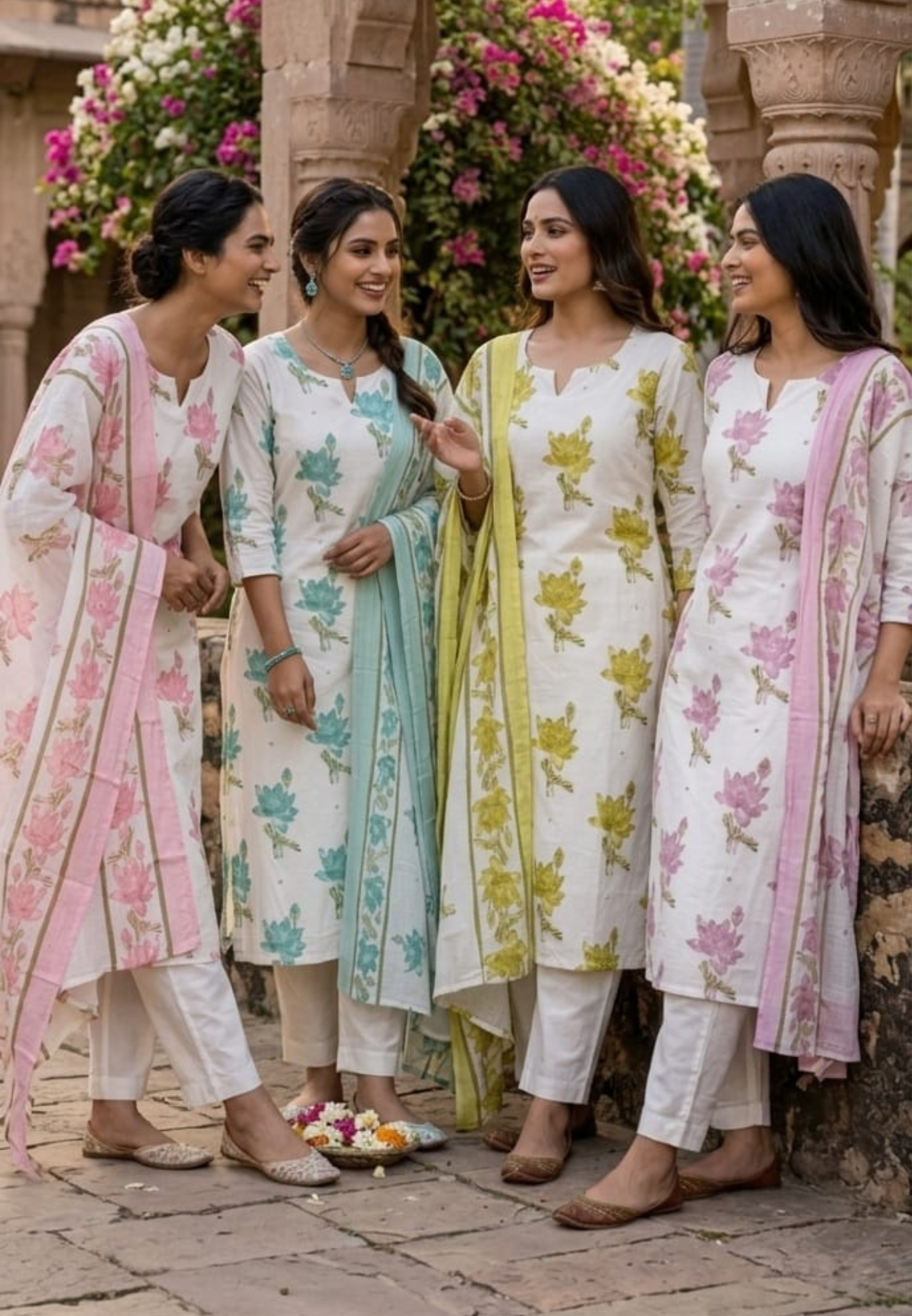 Graceful Lotus Bloom Printed Pastel Cotton Full Suit Set With Kota Doria Dupatta- 14535